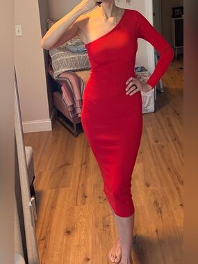 Zara Red One-Shoulder Midi Bodycon Dress